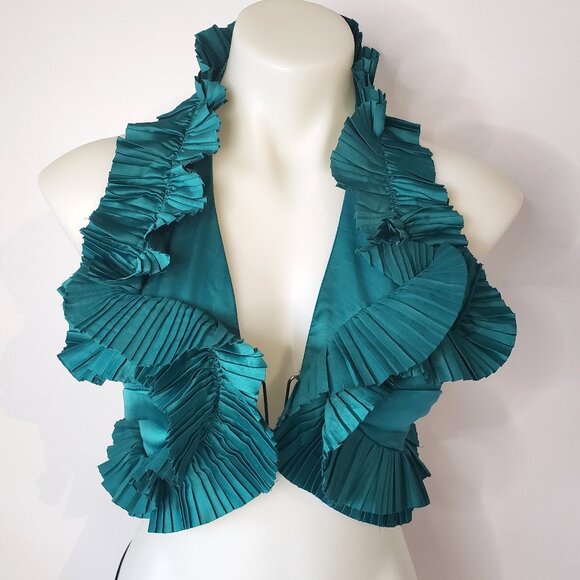 LUXXEL Deep Teal Emerald Green Ruffled Costume Piece w Halter Crop Top + Skirt - Picture 2 of 16